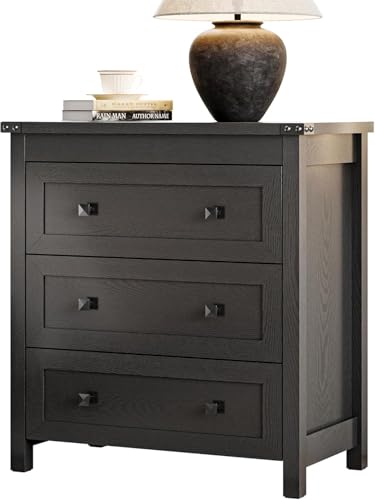 Xixini Farmhouse Nightstand with 3 Storage Drawers, 27.55" Wide Wood Bedside Table, Modern Side Table with Metal Handle, End Table for Bedroom, Black - color: Black