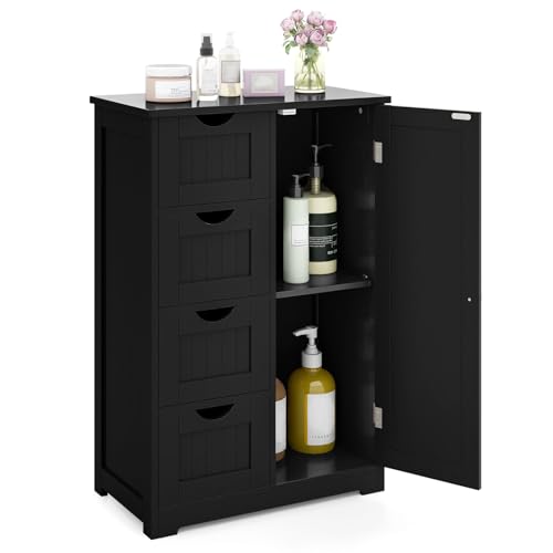 Tangkula Bathroom Floor Cabinet, Freestanding Storage Cabinet with 4 Drawers & Single Door, Adjustable Shelf, Multipurpose Bathroom Storage for Home Office, 21.5 x 12 x 32.5 Inches (Black) - color: Black, style: 4 Drawers