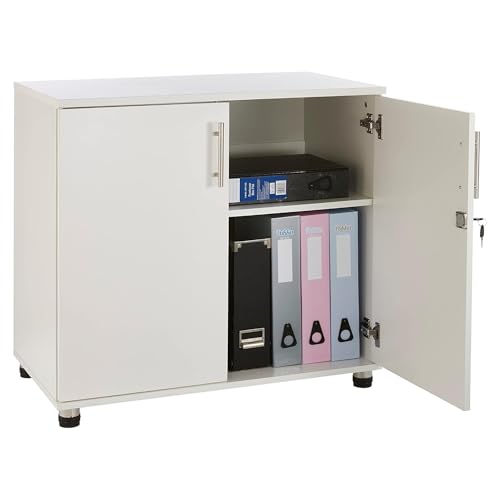 MMT Storage Cupboard, Storage Cabinet, File Cabinet for Office Documents, Garage Tools, Utility, White Wood, Lockable, 31.5" Long