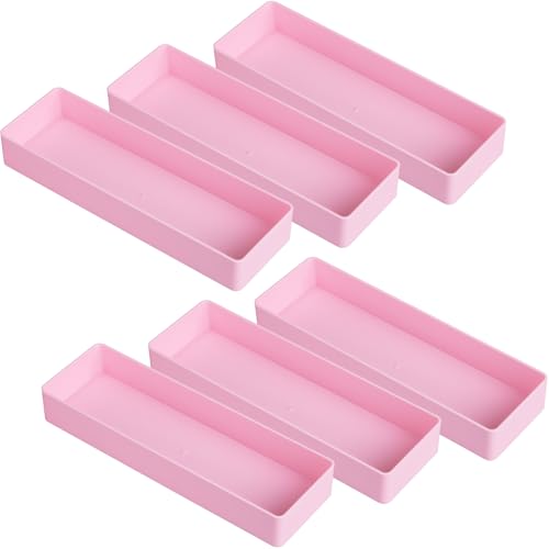 Teling 6 Pcs Pink Plastic Desk Organizer Tray Shallow Drawer Pencil Tray Tabletop Organizer for Office, Home, or Study 9.45x2.95x1.38 Inch - color: Pink