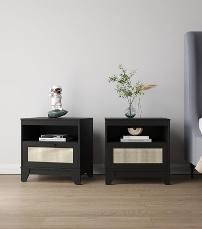 Manhattan Comfort Sheridan Cane Mid Century Modern Nightstand with 1 Full-Extension Drawer and Open Cubby Space, Elegant Bedside Table and Decor Accent for Bedroom and Living Room, Set of 2, Black - size: Set of 2