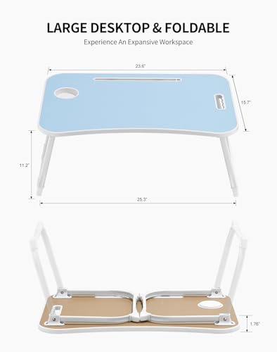 ZEAPTAC Laptop Bed Desk, Foldable Lap Desk, Portable Lap Table, Laptop Stand with Cup Holder, Tablet Slot & Lifting Handle for Work, Write, Draw & Eat on Bed, Sofa or Couch - Blue