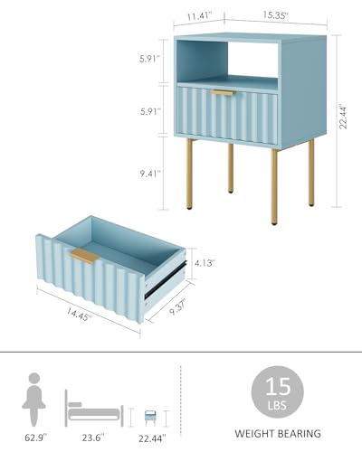Night Stand,Modern Bedside Table with Drawer and Shelf,Blue Night Stand with Gold Frame,Small Side Table for Bedroom,Living Room - color: Blue