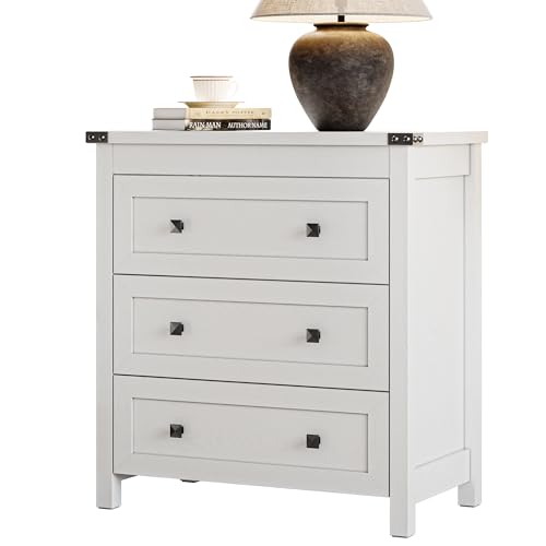 Xixini Farmhouse Nightstand with 3 Storage Drawers, 27.55" Wide Wood Bedside Table, Modern Side Table with Metal Handle, End Table for Bedroom, White - color: White