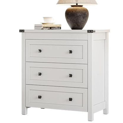 Xixini Farmhouse Nightstand with 3 Storage Drawers, 27.55" Wide Wood Bedside Table, Modern Side Table with Metal Handle, End Table for Bedroom, White - color: White