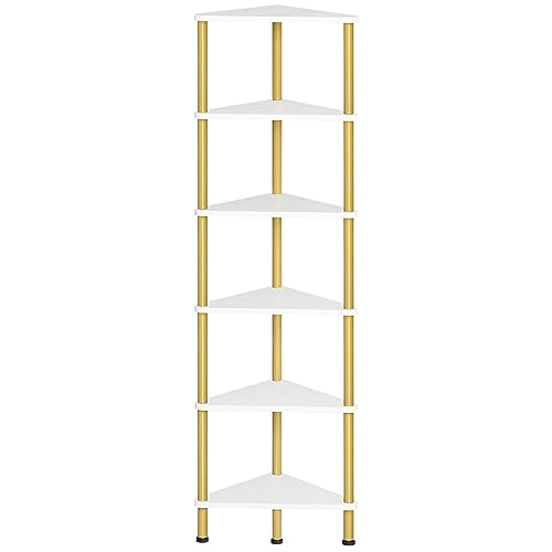 HOOBRO Corner Shelf Stand, Industrial 6-Tier Wall Corner Bookshelf with Metal Frame, Plant Display Shelf, Bookcase for Small Spaces, Living Room, White and Gold DW36CJ01 - color: White + Gold, size: 11.8"D x 11.8"W x 57"H