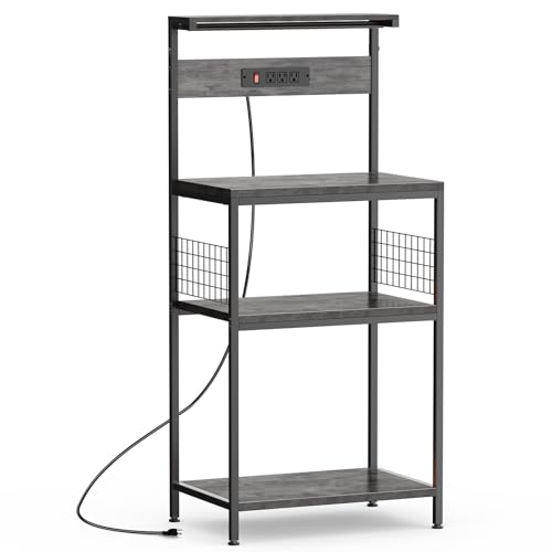 Sweetcrispy Kitchen Bakers Rack with Power Outlet, 24" Microwave Oven Stand with Adjustable Storage Shelf for Kitchen Organization, Coffee Bar Station, Small Apartment, Counter Space Saving, Grey - color: Grey, size: 24 inch