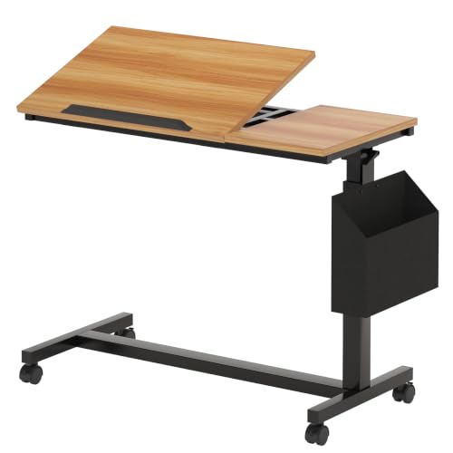 Tribesigns Height Adjustable C-Shaped Table with Wheels, Mobile Couch Side Table with with Tiltable Drawing Board, Portable Sofa Bedside Laptop Stand C Shaped Desks for Living Room, Bedroom