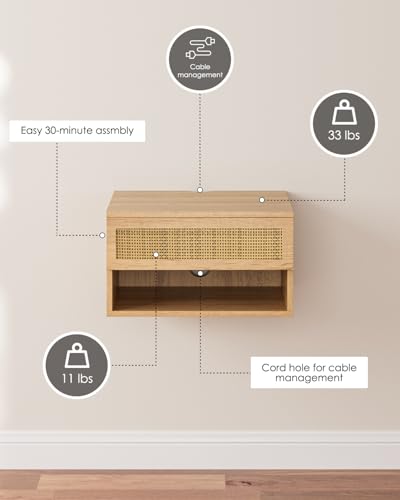 Floating Nightstand, Small Modern Floating Nightstand with Drawer, Floating Shelves for Bedroom, Bathroom (Oak Rattan) - color: Oak Rattan
