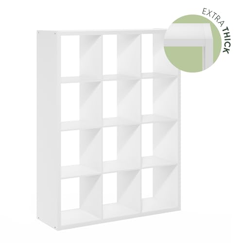 Furinno Cubicle Book Shelf, 12-Cube Bookshelf, Extra Thick Frame Reversible Bookcase with Open Back, 14.6" x 44" x 58", for Living Room, Bedroom, Home Office, White - color: White, size: 12-Cube