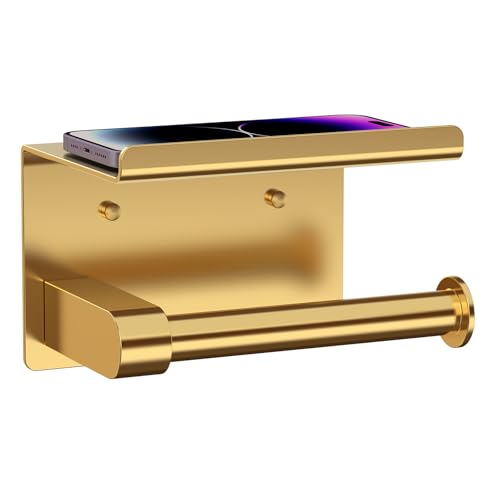 Bntuk Toilet Paper Holder with Phone Shelf Stainless Steel Wall Mounted Toilet Paper Roll Holder - Rustproof and Bathroom Washroom Tissue Roll Holder with Shelf - Gold - color: Gold