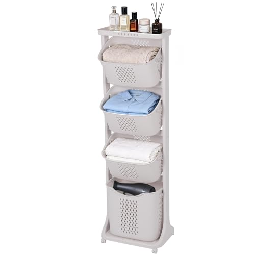 GCCSJ 4-Tier Rolling Laundry Hamper Sorter with Wheels, 95L Capacity & Removable Mesh Baskets, Foldable Storage Organizer Cart for Bedroom, Bathroom, Laundry Room (17.32"x13.1"x54.72")
