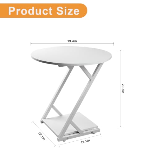 20In Round Side Table, 2-Tier White End Table with Z-Shaped Metal Frame, Small Round Accent Table with Storage Shelf, Modern Sofa Side Table Nightstand for Living Room, Bedroom, Small Spaces - color: White-z