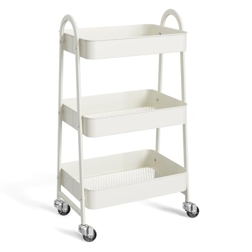 NEWBULIG 3-Tier Metal Rolling Cart with Lockable Wheels, Heavy Duty Mobile Utility Storage Shelf, Roller Book Snack Cart, Organization for Livingroom, Bathroom, Office, White | Mobile Organizer Shelf, Space-Saving, Freestanding, Bathroom, Living Room, Sli