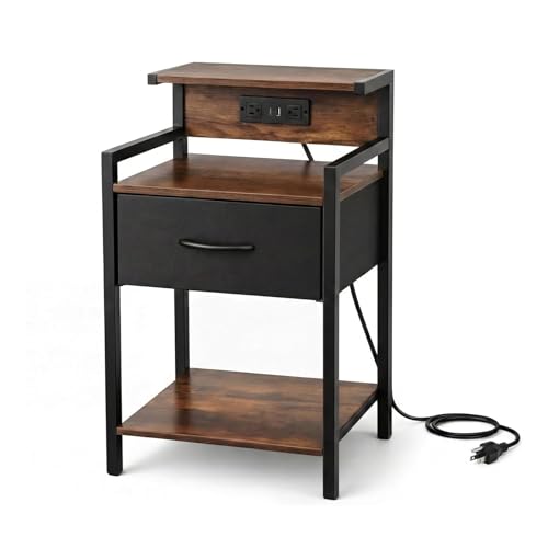 Industrial Nightstand with USB Charging Port, Narrow End Side Table with Fabric Drawer & Storage Shelf for Bedroom Living Room
