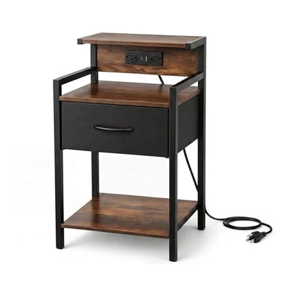 Industrial Nightstand with USB Charging Port, Narrow End Side Table with Fabric Drawer & Storage Shelf for Bedroom Living Room
