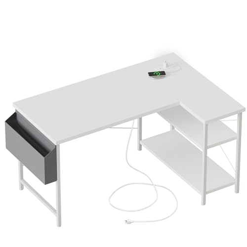 Mericonia Small L Shaped Computer Desk with Power Outlets, Reversible Gaming Desk with Storage Shelves, Corner Gamer Desk Table, Study Writing Table - color: White, size: 39.4 inch