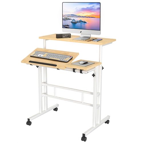 VECELO Mobile Small Standing Desk Adjustable Height, Computer Workstations with Tiltable Tabletop, Lockable Wheels, Portable Rolling Laptop Desk for Home Office, Oak - color: Oak