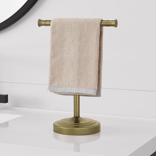 RUMOSE 13 Inch Antique Brass Towel Bar Stand Hand Holder Bathroom Kitchen Vanity Countertop T-Shape Towel Rack Free Standing Stainless Steel - color: Antique Brass