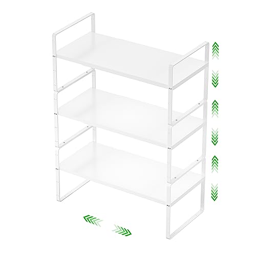 Expandable Cabinet Storage Shelf Stackable Organizer Rack for Kitchen Bathroom Pantry Spice Cupboard Countertop Home Office Desk Heavy Duty Nonslip White Small 3 Pack - color: Smooth White, size: Small - 8.1"D - 3 Pack