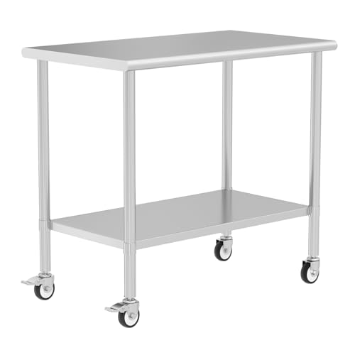 Stainless Steel Table with Wheels 24" x 48" Utility Worktable with Adjustable Undershelf for Commercial Kitchen, Garage, Restaurant - color: W/ Wheel, size: 24x48 Inch