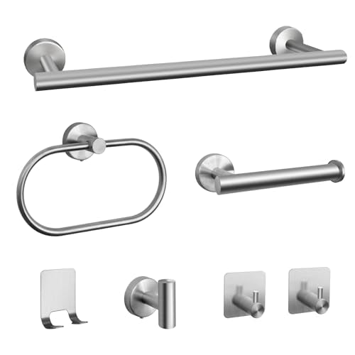 7 PCS Bathroom Hardware Set, Brushed Nickel Stainless Steel Bathroom Tower Rack Set Wall Mounted Includes 16" Towel Bar, Toilet Towel Paper Holder, Towel Ring, 4 Robe Towel Hooks - color: 7pcs-brushed Nickel