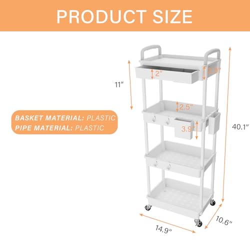4 Tier Rolling Utility Cart with Drawer,REBECAT Utility Cart Made of Multifunctional Storage Organizer Tool for Kitchen,Bathroom,Living Room,Office(Gray) - color: White