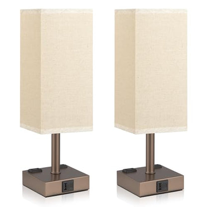 Brown Touch Lamps Set of 2 for Bedroom - Dimmable, USB C+A, 2 AC Outlets | 3-Way Dimming, 3000K LED Bulbs Included, Square Beige Lampshade Brown Base, Small Bedside Lamp for Nightstand, Desk, Dorm - color: Brown