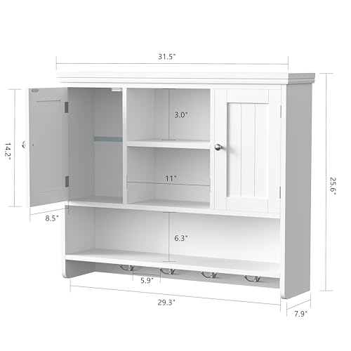 Bathroom Wall Cabinet with Doors and Hooks, 3-Tier Wall Mounted Cabinet | Modern Medicine Cabinet with 3 Open Shelves, Over the Toilet Storage Cabinet for Kitchen, Laundry Room, Living Room, White - color: White