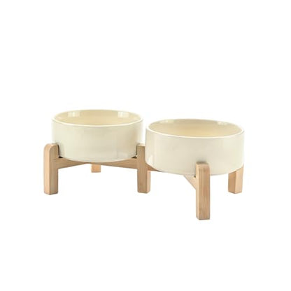 SPUNKYJUNKY Elevated Dog Bowls Ceramic, 5.1'' Dogs and Cat Food Water Bowls Raised with Non-Slip Bamboo Stand for Puppy Small Sized Breed Microwave Dishwasher Safe - 13.5 OZ,Beige - color: Beige, size: 5.1 in - 1.7 cups