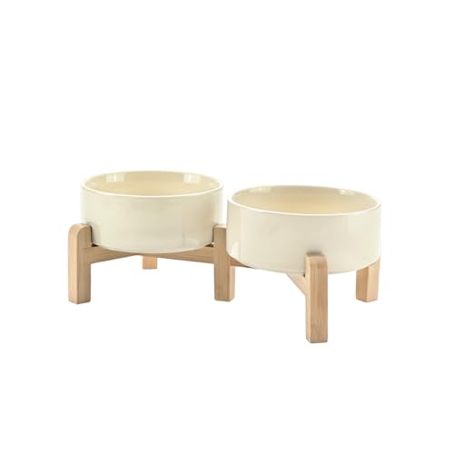 SPUNKYJUNKY Elevated Dog Bowls Ceramic, 5.1'' Dogs and Cat Food Water Bowls Raised with Non-Slip Bamboo Stand for Puppy Small Sized Breed Microwave Dishwasher Safe - 13.5 OZ,Beige - color: Beige, size: 5.1 in - 1.7 cups