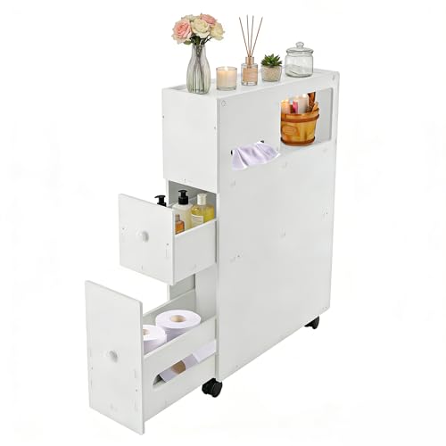 PERFERATE Slim Bathroom Storage Cabinet with Toilet Paper Holder - Narrow Slide Out Drawers Rolling Cart Organizer for Small Space for Bathroom Small Space, Toilet Corner Storage