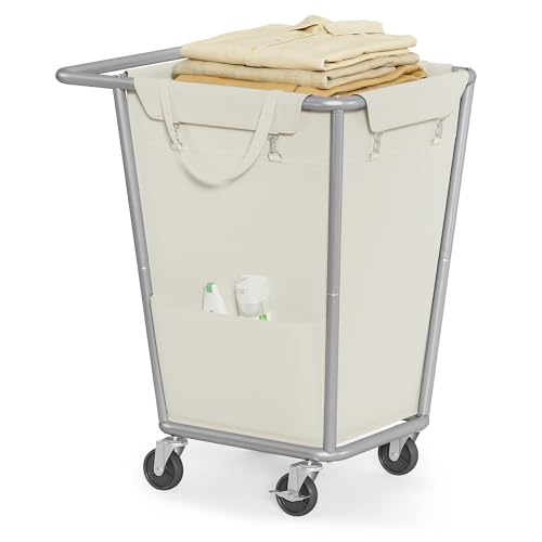 SONGMICS Laundry Basket with Wheels, 34.3 Gallons (130 L) Rolling Laundry Hamper with Removable Bag, Heavy-Duty Steel Frame, Cream White URLS008W01 - color: Cream White, size: 130 L (1-Section)
