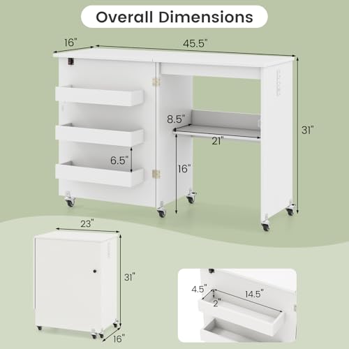 DREAMADE Folding Sewing Table with Storage, Craft Table w/Charging Station, 5 Lockable Wheels, Storage Bins & Shelf, Sewing Machine Desk for Home Office, Apartment, Studio (White) - color: White