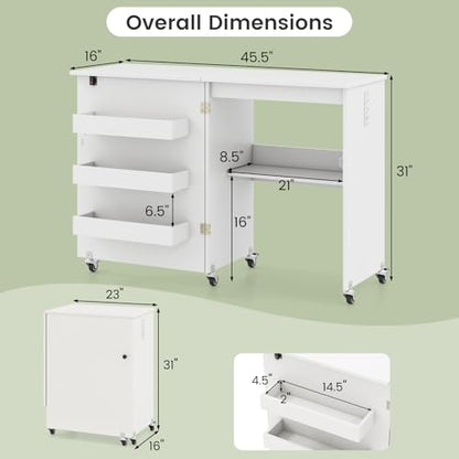 DREAMADE Folding Sewing Table with Storage, Craft Table w/Charging Station, 5 Lockable Wheels, Storage Bins & Shelf, Sewing Machine Desk for Home Office, Apartment, Studio (White) - color: White
