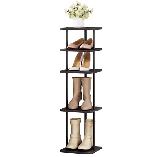 SORCEDAS Shoe Rack 5 Tiers Vertical MDF Narrow Shoe Shelf Tall Storage | Shoe Rack Storage Organizer Space Saving Entryway Closet Organizer Narrow Vertical Shoe Storage Tall Narrow Shelf Tower - color: Black + Rustic Dark Brown, size: 5 Tier-Standard