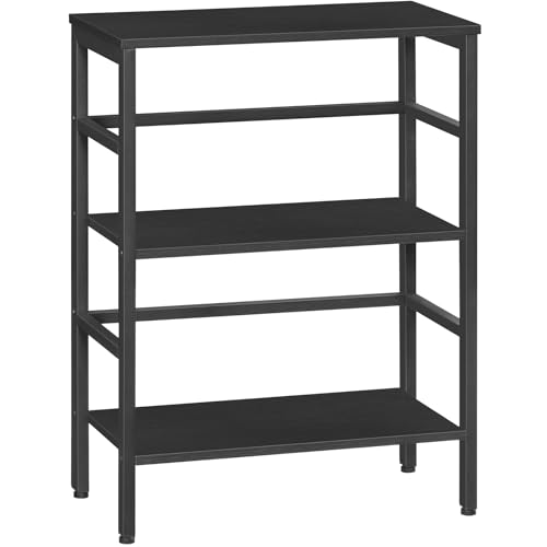 HOOBRO 3 Tier Bookshelf, Industrial Bookcase, Record Storage Rack with Side Fence, Wood Storage Shelf with Metal Frame, Rustic Open Display Shelf for Living Room, Bedroom, Black BB86CJ01G1 - color: Black, size: 23.6"L x 11"W x 31.9"H