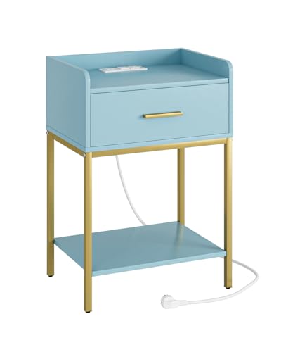 Nightstand with Charging Station,3-Tier Modern Bedside Table Night Stand with Storage Drawer and Open Shelf,Small End Side Table for Bedroom,Living Room,Blue - color: Blue With Charging Station