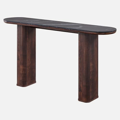 OKD 63" Modern Fluted Console Table, Narrow Entryway Table, Dark Walnut | Modern Fluted Wood Base, Curved Faux Marble-Texture Top, Entryway, Hallway, Foyer, Behind Sofa - color: Dark Walnut