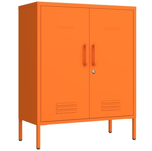Multipurpose Accent Cabinet Locker, Metal Storage Cabinet with 2 Adjustable Shelves, Heavy Duty & Lockable Organizer Made of Thickened Steel, Easy Assembly for Home, Entryway, Orange - color: Sunlight, style: Cabinet-33"H-RE