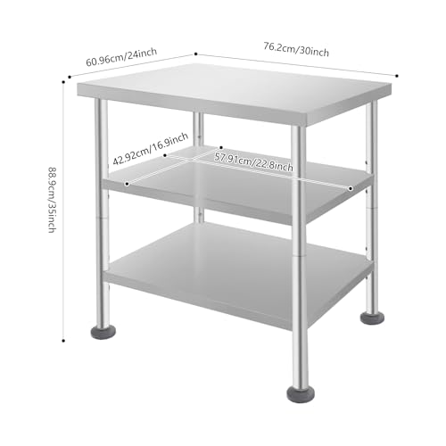 24x30x35in 3-Tier Stainless Steel Work Table with Casters & Foot Pads, Adjustable Shelves, 540 lbs Load Capacity, Heavy Duty Rolling Utility Cart for Garage, Kitchen, Hospital, Office, Commercial Use - size: 24 X 30 X 35 Inches