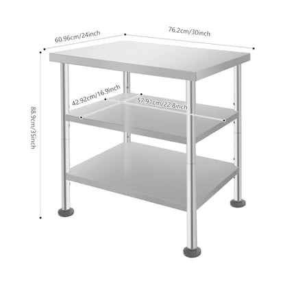 24x30x35in 3-Tier Stainless Steel Work Table with Casters & Foot Pads, Adjustable Shelves, 540 lbs Load Capacity, Heavy Duty Rolling Utility Cart for Garage, Kitchen, Hospital, Office, Commercial Use - size: 24 X 30 X 35 Inches