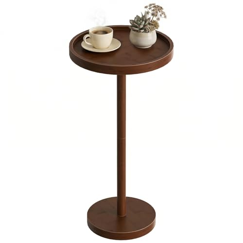 HOOBRO Small Round Side Table, Bamboo Drink Table, Coffee Martini Table with Pedestal Accent for Small Spaces in Living Room, Bedroom, Sofa Couch, Mocha MA235BZ01 - color: Mocha