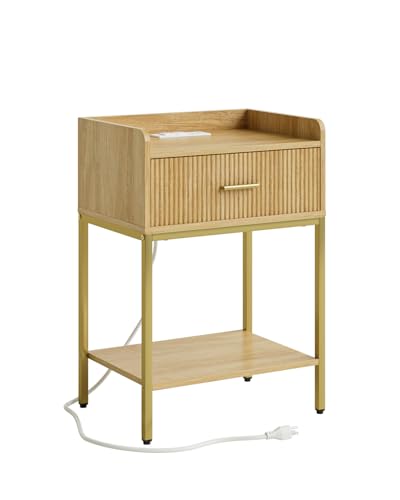 Nightstand with Charging Station, 3-Tier Bed Side Table, Small End Table, Night Standwith Open Shelf and Drawer, Bedside Table for Bedroom, Living Room, Oak - color: Oak, style: With Charging Station
