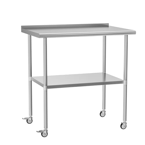 Stainless Steel Prep Table 30" X 36" with Adjustable Undershelf, Backsplash and Wheels, Commercial Metal Workstations for Kitchen, Garage, Home and Hotel - color: W/ Wheel & Backsplash, size: 30x36 Inch