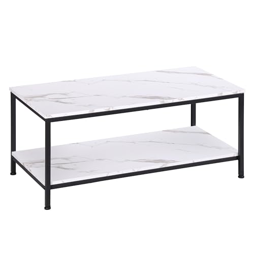 SUPER DEAL 2-Tier Coffee Table with Storage Shelf for Small Apartment Living Room, Rectangle Wood and Stable Metal TV Stand Side End Table, White Marble - color: White Marble, size: 39.4in