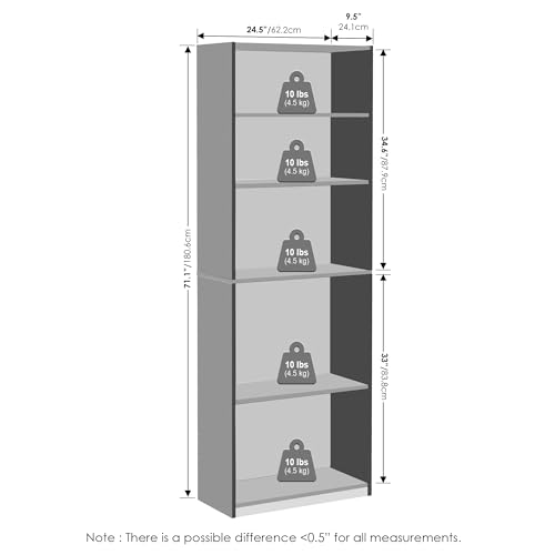 Furinno Jaya Simply Book Shelf, 5-Tier Bookshelf, Bookcase with Adjustable Shelves, 9.5 x 24.5 x 71.2, for Living Room, Bedroom, Home Office, Amber Oak - color: Amber Pine, size: 5-Tier, 9.5 x 24.5 x 71