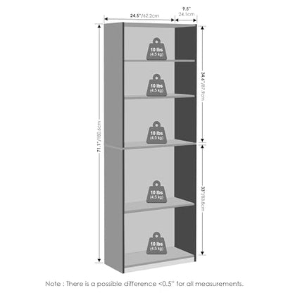 Furinno Jaya Simply Book Shelf, 5-Tier Bookshelf, Bookcase with Adjustable Shelves, 9.5 x 24.5 x 71.2, for Living Room, Bedroom, Home Office, Amber Oak - color: Amber Pine, size: 5-Tier, 9.5 x 24.5 x 71
