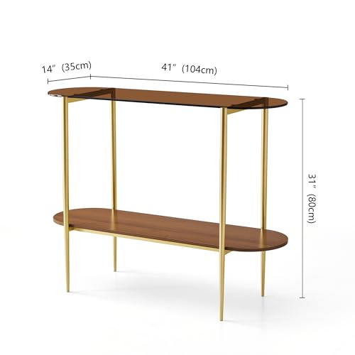 LumFurn Oval Glass Console Table for Living Room, Foyer & Entrance, 2-Tiers Mid-Century Modern Sofa Table with Amber Glass Top, Walnut Finish Wood Top and Gold Finish Metal Frame - color: Amber & Walnut, size: L41" Oval Sofa Table