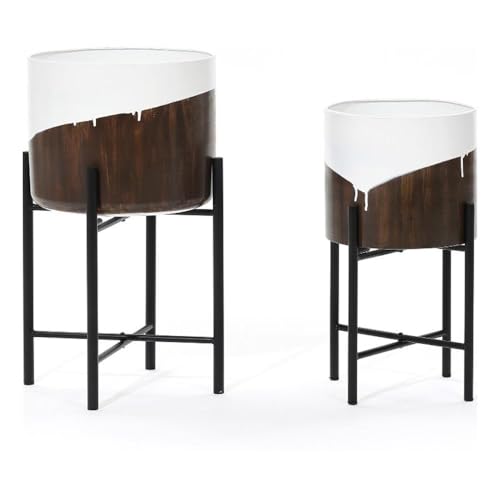 LuxenHome Modern Planter Pots, Set of 2 Planters for Indoor Plants, White and Brown Large Planters with Black Metal Stand, Flower Pots for Living Room, Office, Garden or Balcony, 10.25 & 12.5 Inch - color: White Brown